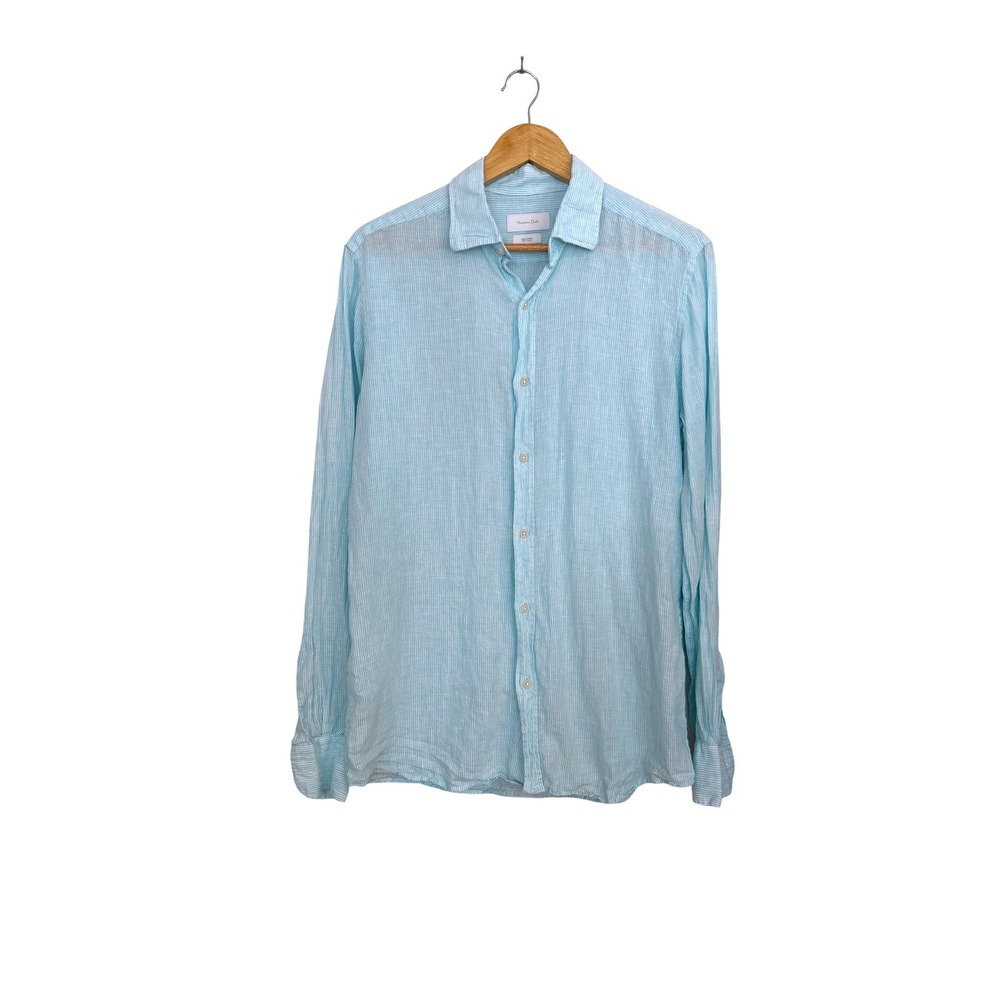 Massimo Dutti Light Blue Striped 100% Linen Button Down Shirt Size Medium